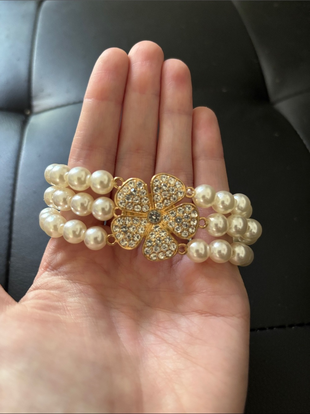 Pearl Triple-Row Bracelet with Gold Crystal Flower Clasp